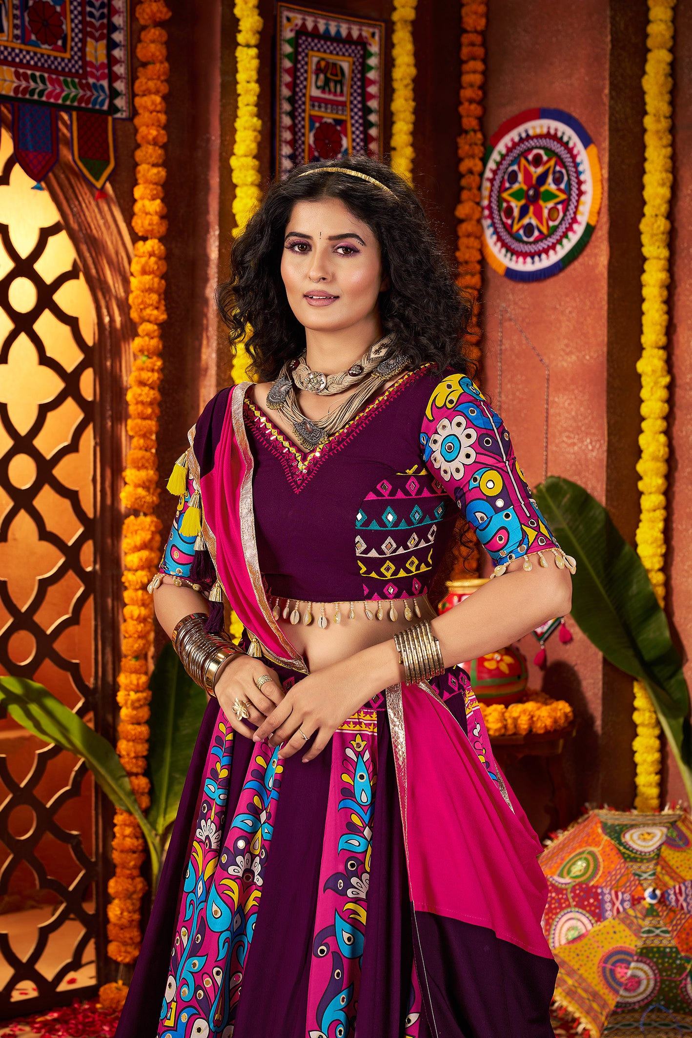 Traditional Purple Viscose Cotton Mirror Work Navratri Lehenga Choli