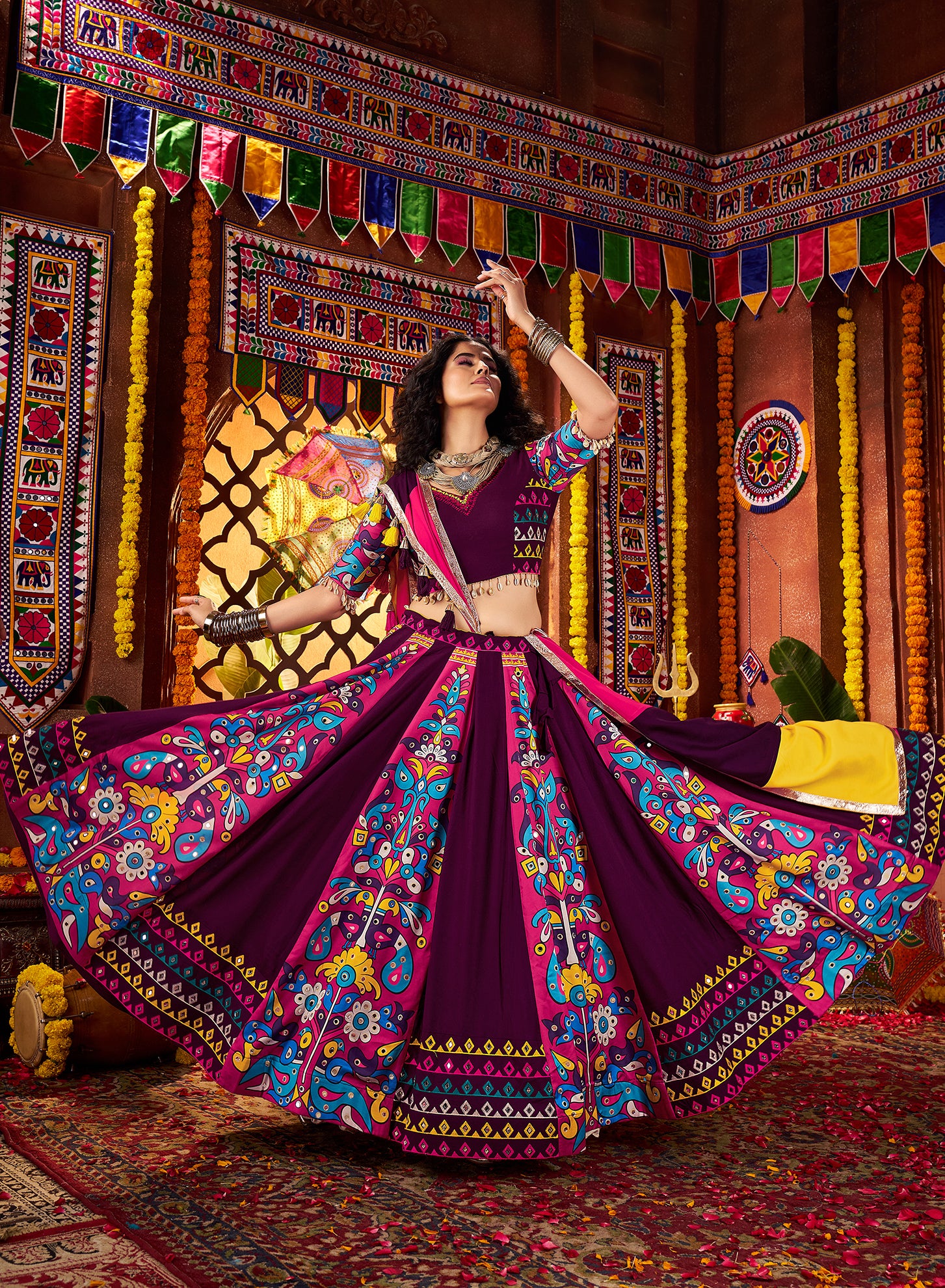Traditional Purple Viscose Cotton Mirror Work Navratri Lehenga Choli