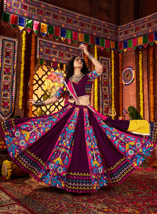 Traditional Purple Viscose Cotton Mirror Work Navratri Lehenga Choli