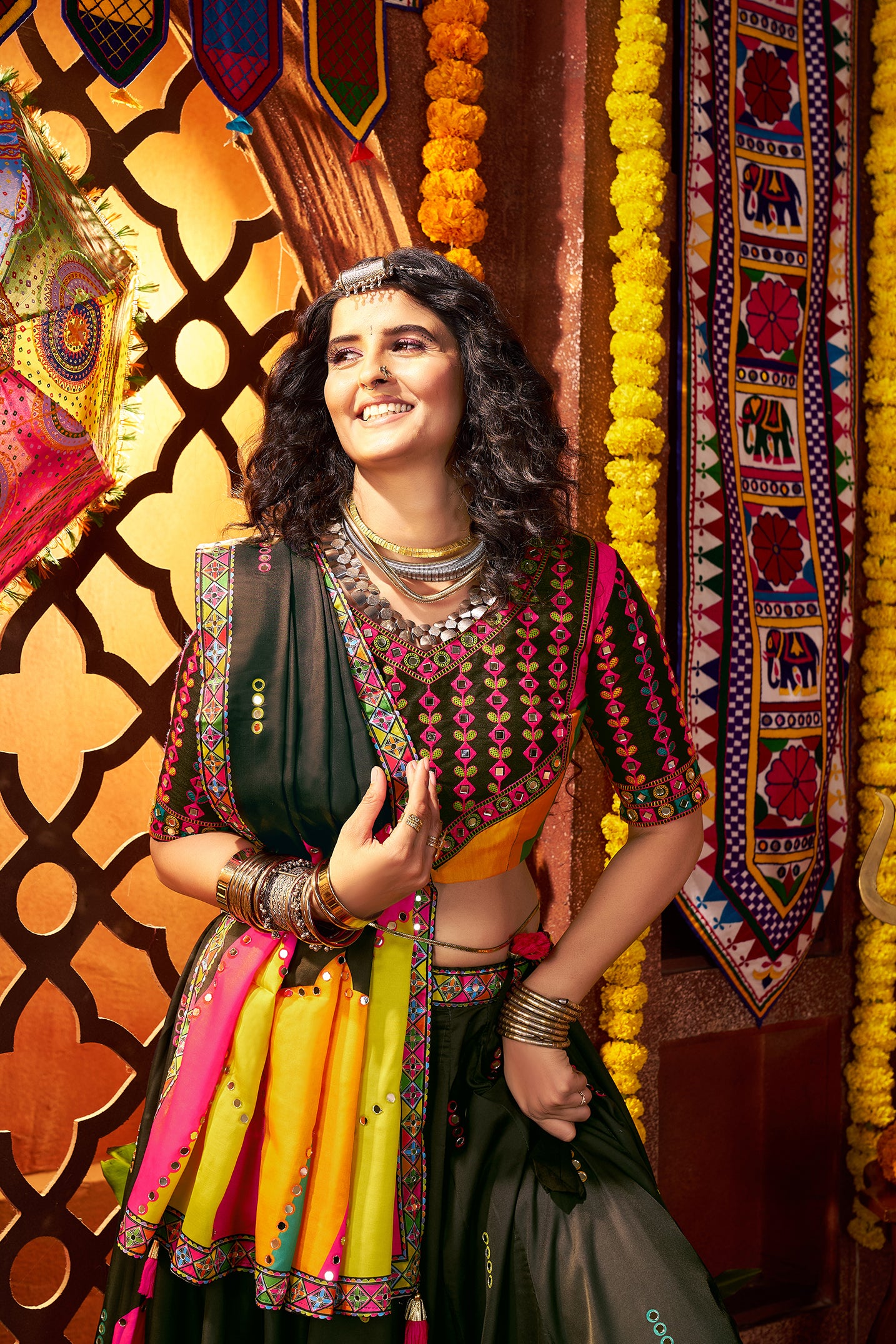 Traditional Black Gajji Silk Mirror Work Navratri Lehenga Choli