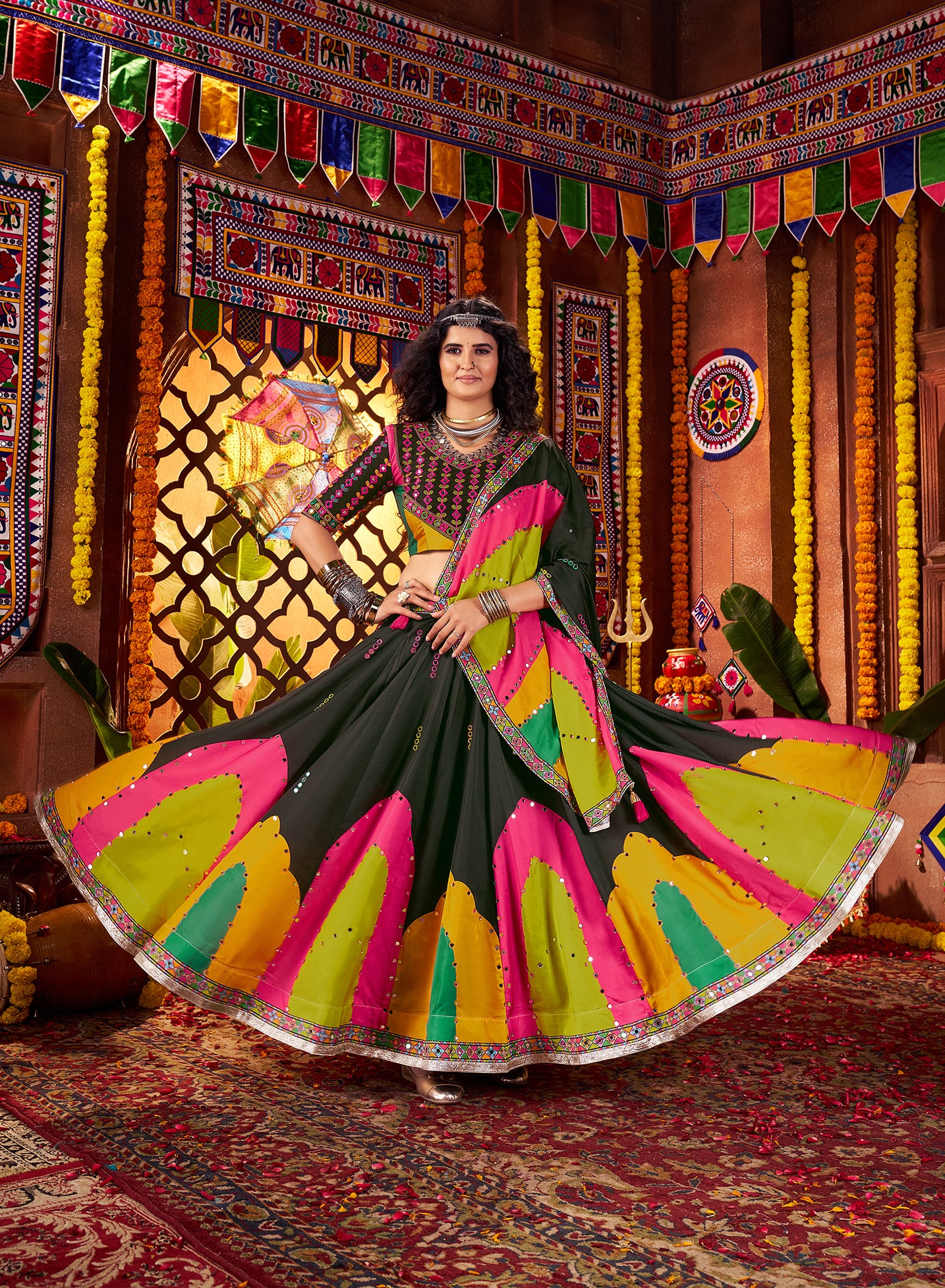 Traditional Black Gajji Silk Mirror Work Navratri Lehenga Choli