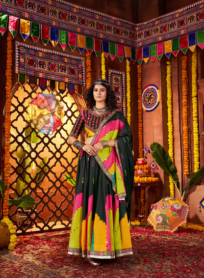 Traditional Black Gajji Silk Mirror Work Navratri Lehenga Choli