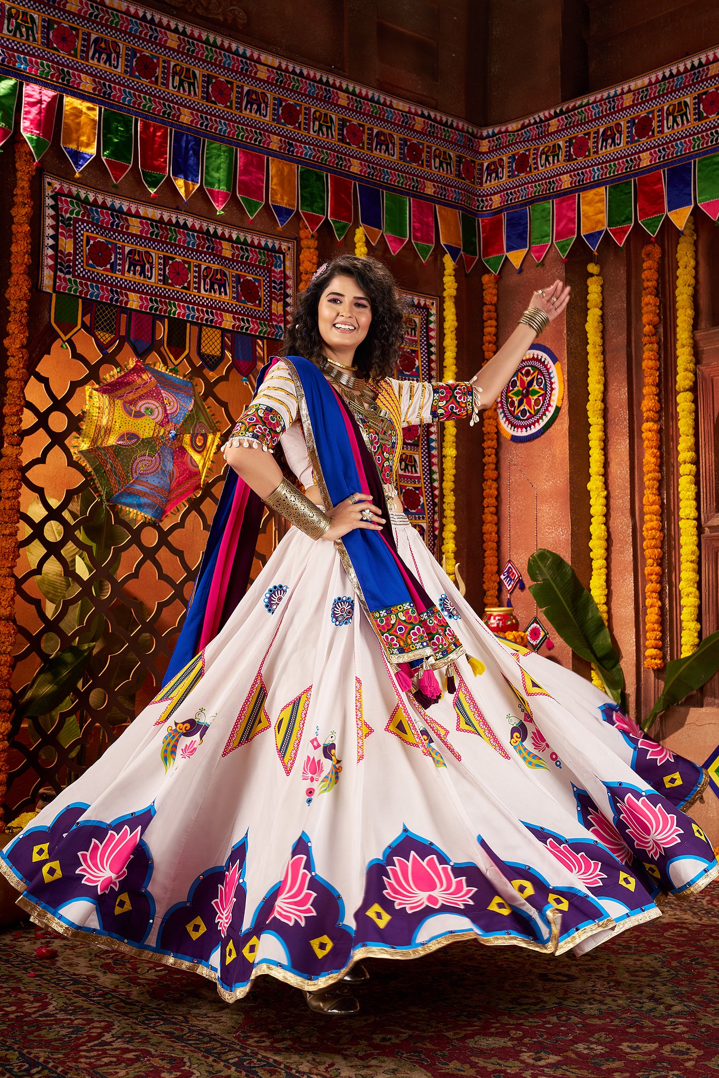 Traditional White Gajji Silk Mirror Work Navratri Lehenga Choli