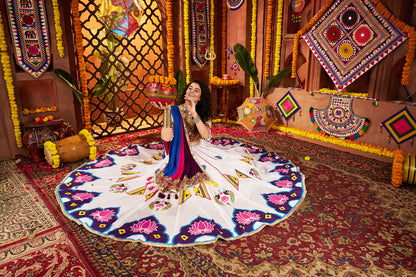 Traditional White Gajji Silk Mirror Work Navratri Lehenga Choli