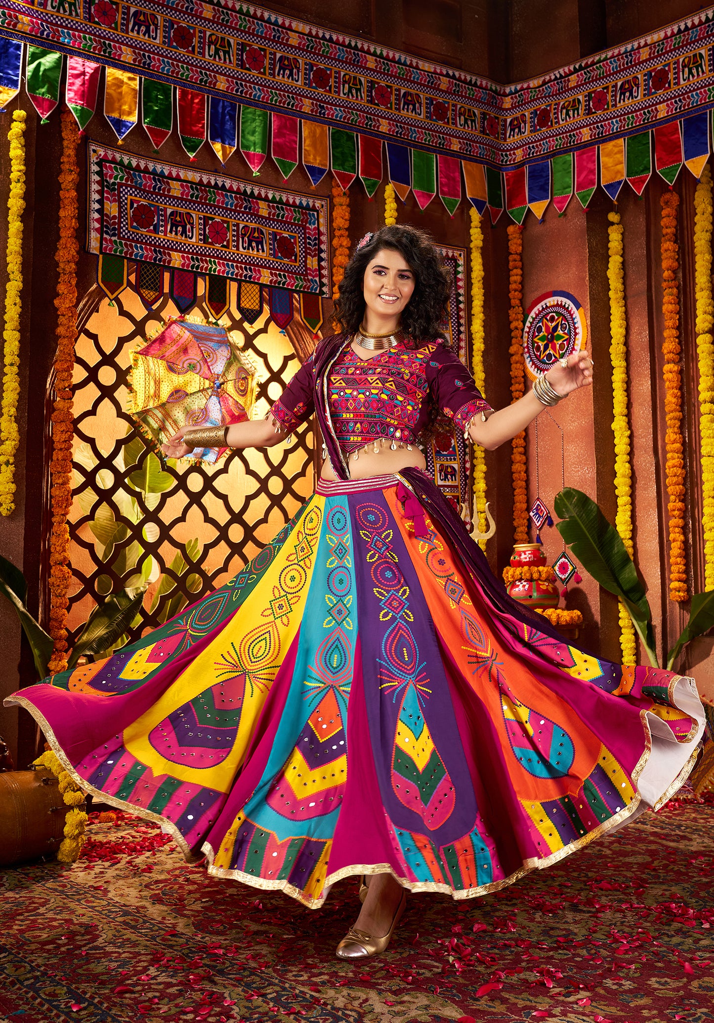 Traditional Multicolor Gajji Silk Mirror Work Navratri Lehenga Choli
