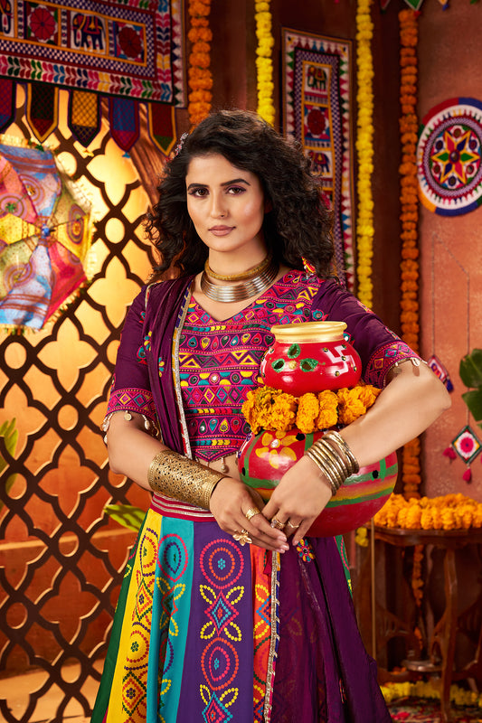 Traditional Multicolor Gajji Silk Mirror Work Navratri Lehenga Choli