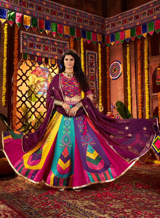 Traditional Multicolor Gajji Silk Mirror Work Navratri Lehenga Choli