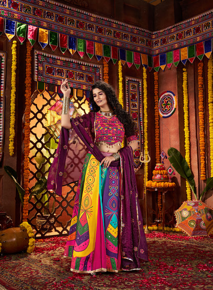 Traditional Multicolor Gajji Silk Mirror Work Navratri Lehenga Choli