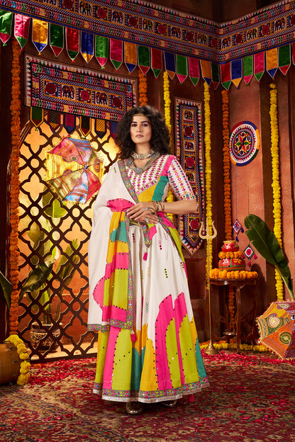 Traditional White Gajji Silk Mirror Work Navratri Lehenga Choli