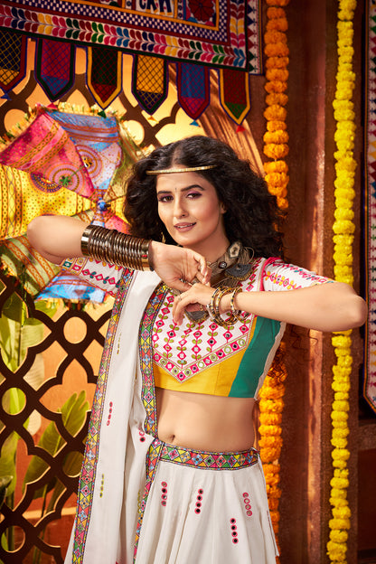 Traditional White Gajji Silk Mirror Work Navratri Lehenga Choli