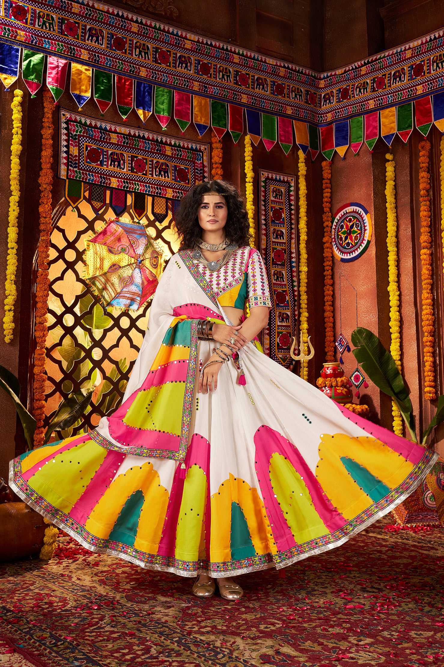 Traditional White Gajji Silk Mirror Work Navratri Lehenga Choli