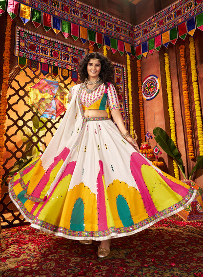 Traditional White Gajji Silk Mirror Work Navratri Lehenga Choli