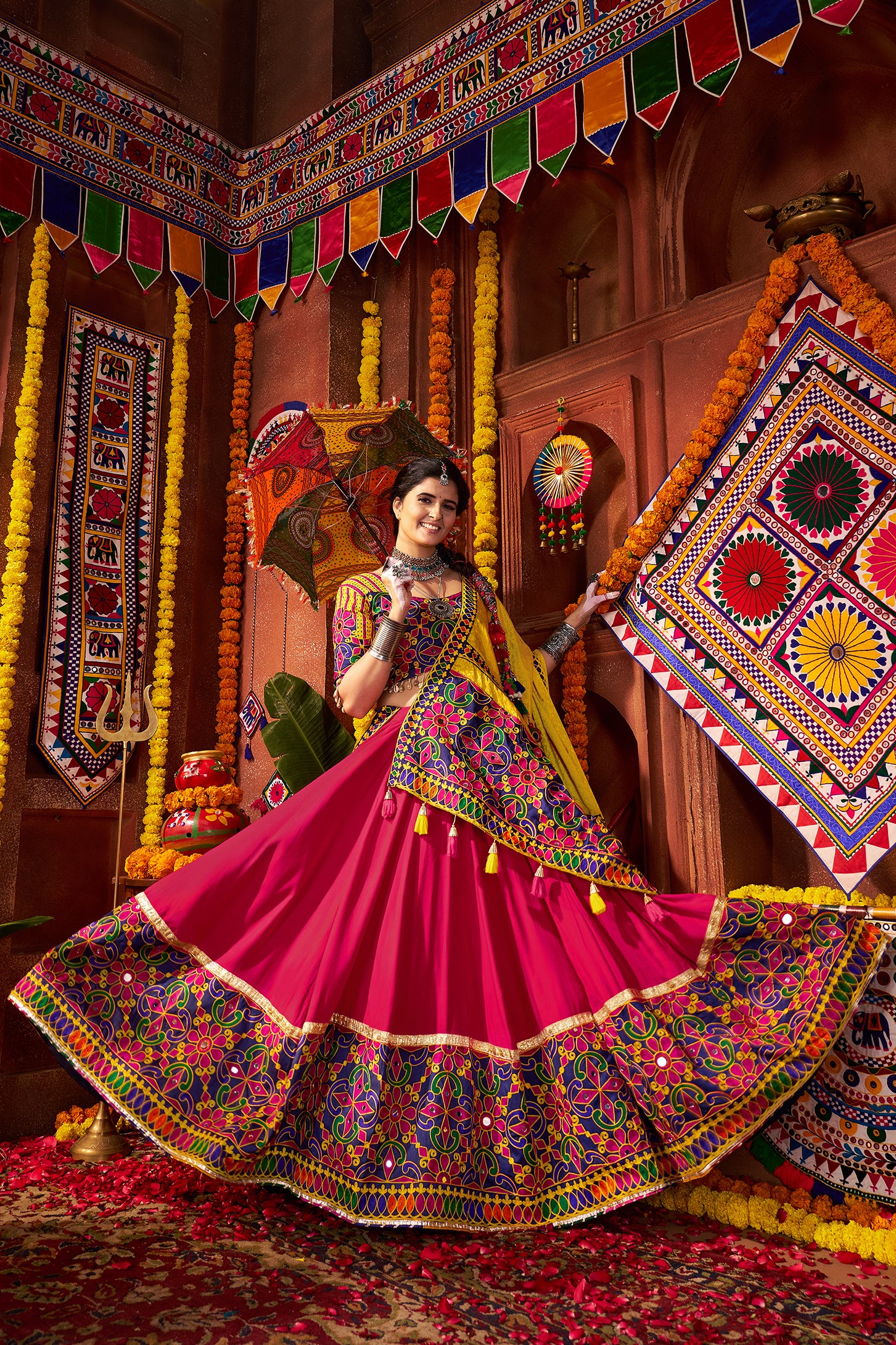 Pink Yellow Silk Dandiya Nights Navratri Lehenga Choli