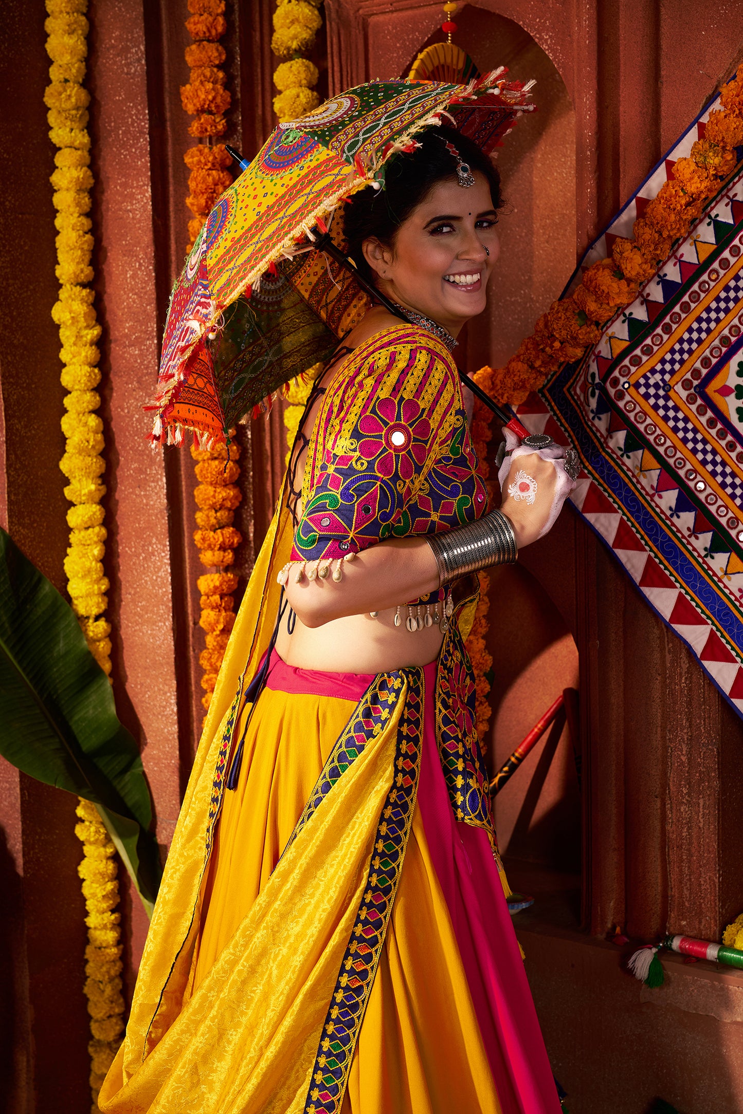 Pink Yellow Silk Dandiya Nights Navratri Lehenga Choli