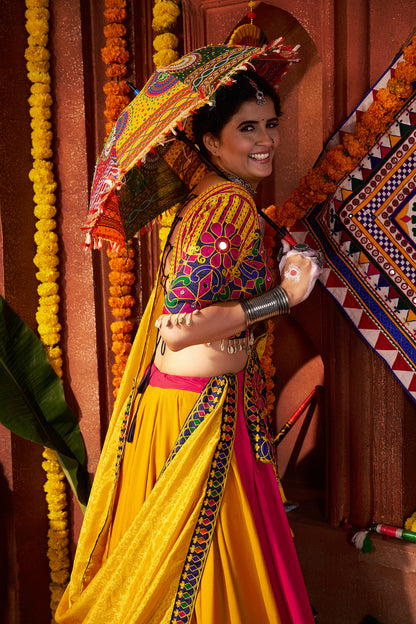 Pink Yellow Silk Dandiya Nights Navratri Lehenga Choli
