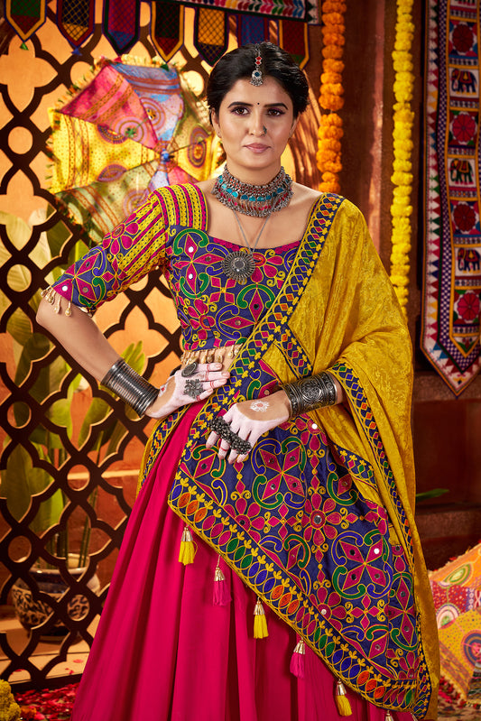 Pink Yellow Silk Dandiya Nights Navratri Lehenga Choli