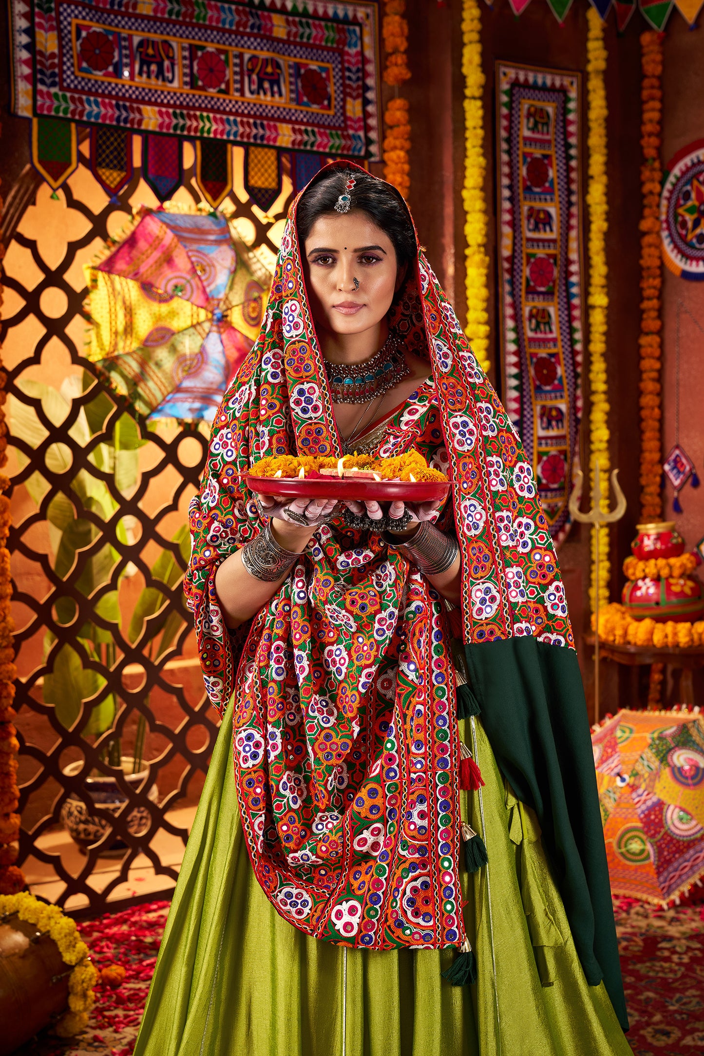 Fluorescent Green Silk Dandiya Nights Navratri Lehenga Choli
