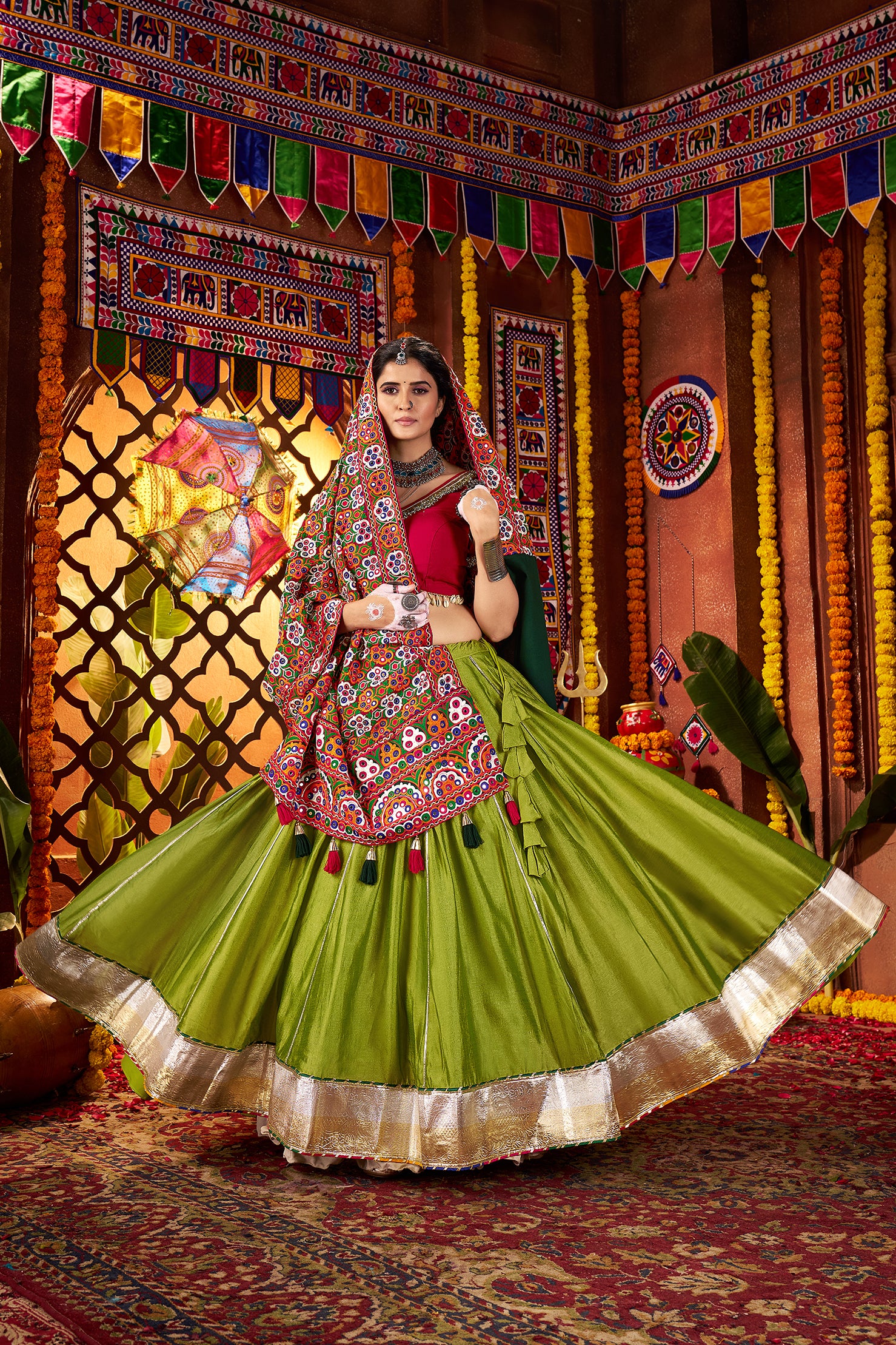 Fluorescent Green Silk Dandiya Nights Navratri Lehenga Choli