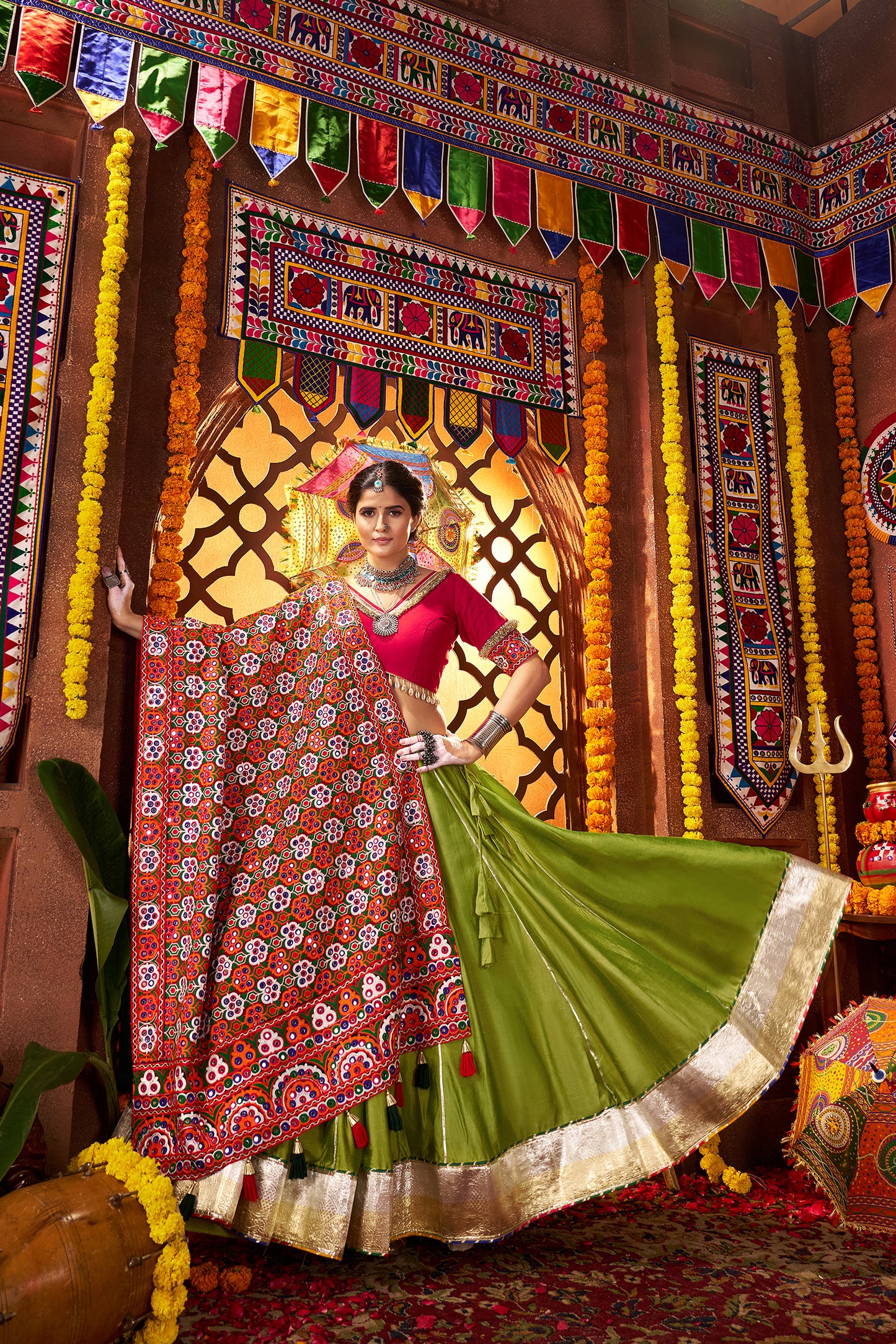 Fluorescent Green Silk Dandiya Nights Navratri Lehenga Choli