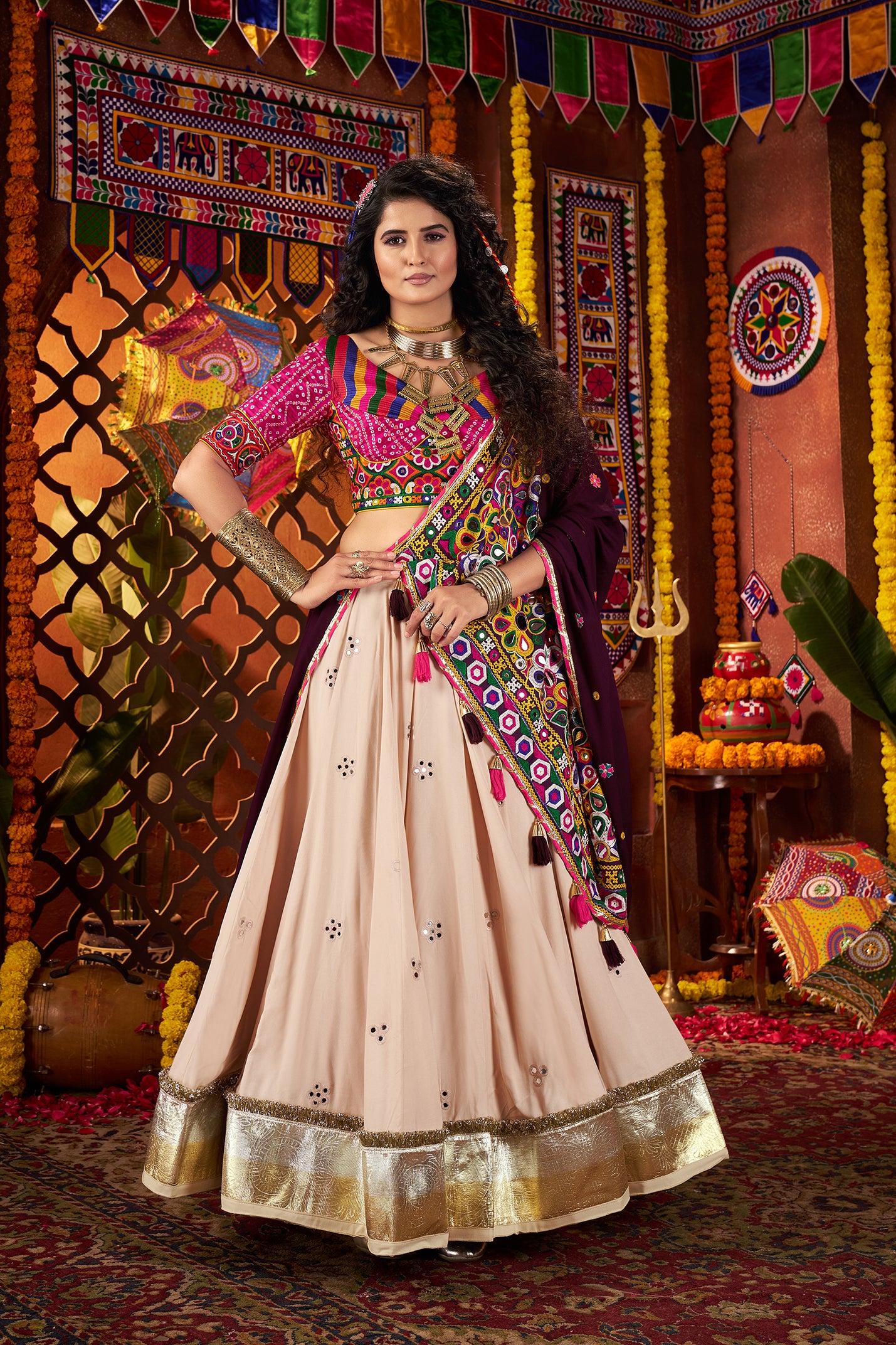 Navratri Special Beige Mirror Work Navratri Lehenga Choli