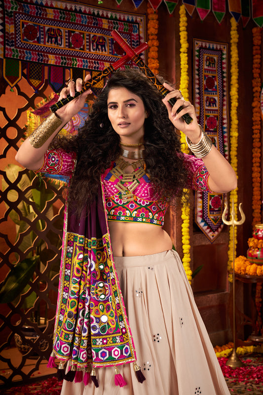 Navratri Special Beige Mirror Work Navratri Lehenga Choli