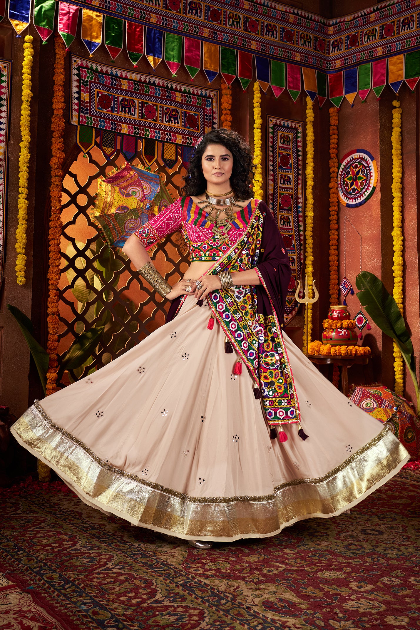 Navratri Special Beige Mirror Work Navratri Lehenga Choli