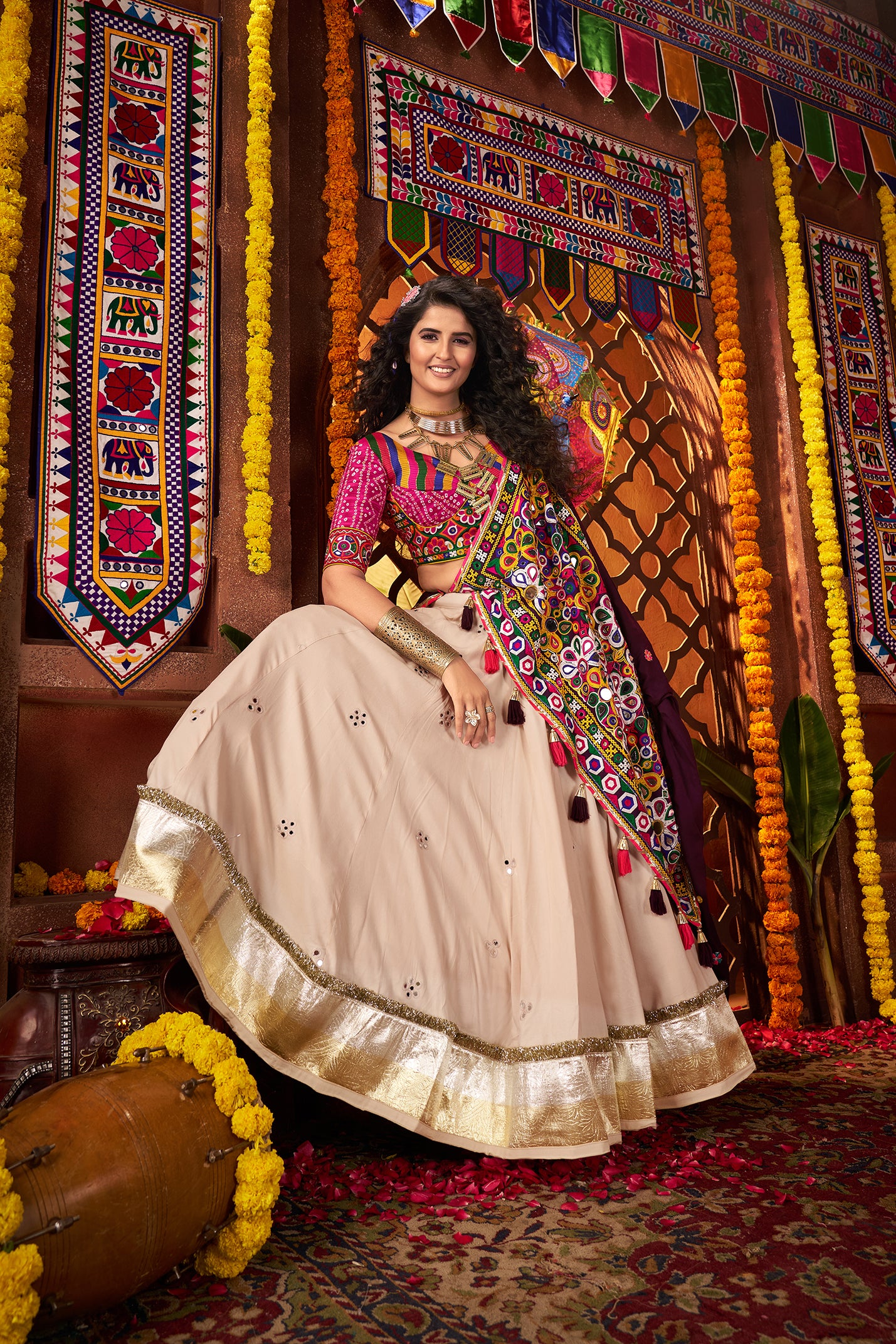 Navratri Special Beige Mirror Work Navratri Lehenga Choli