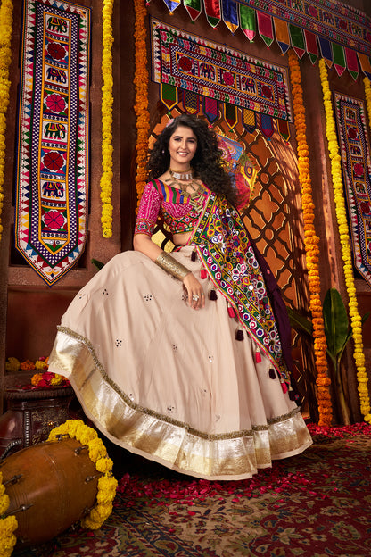 Navratri Special Beige Mirror Work Navratri Lehenga Choli