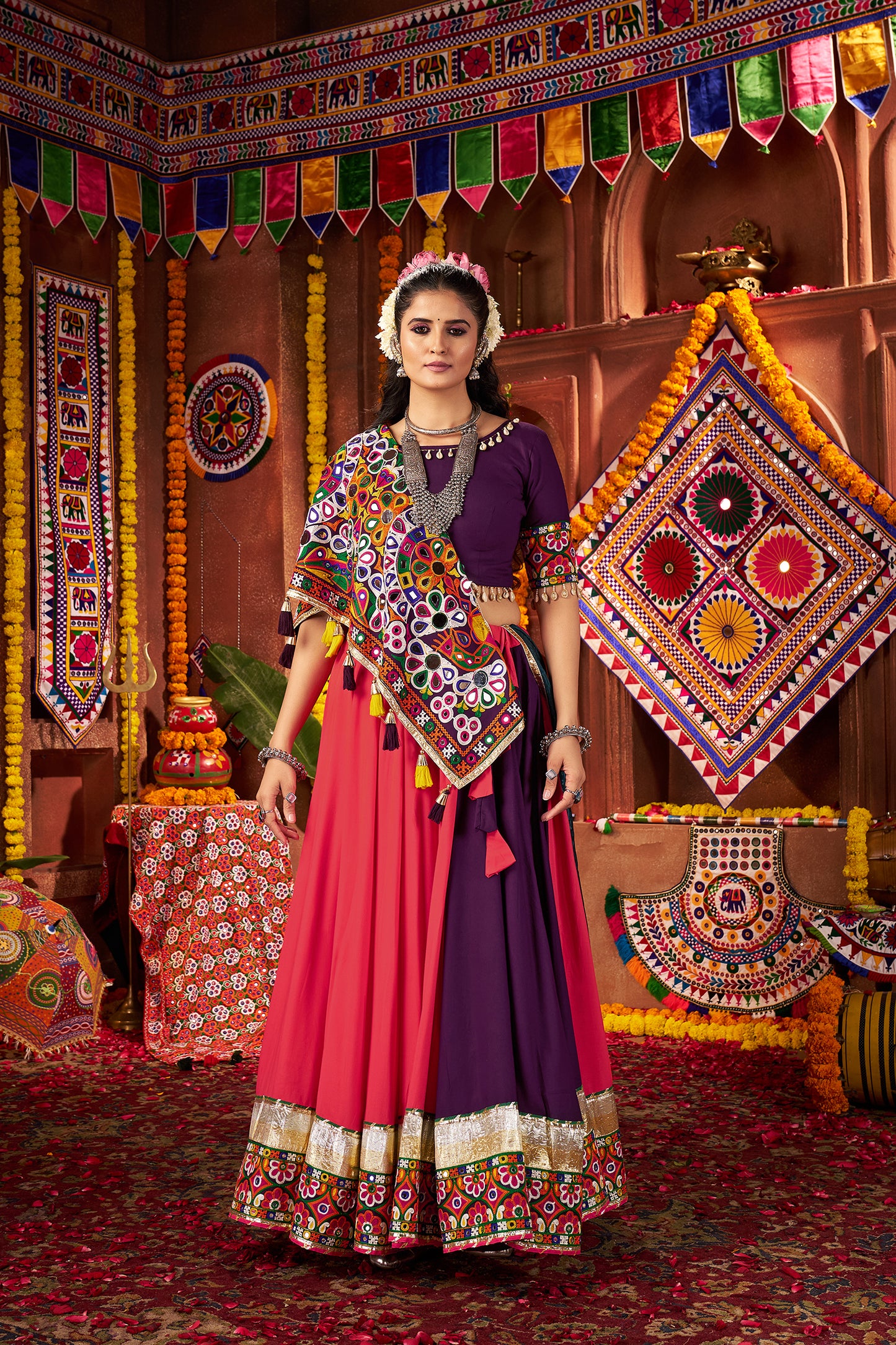 Traditional Purple Pink Mirror Work Navratri Lehenga Choli