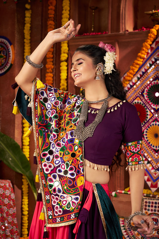 Traditional Purple Pink Mirror Work Navratri Lehenga Choli