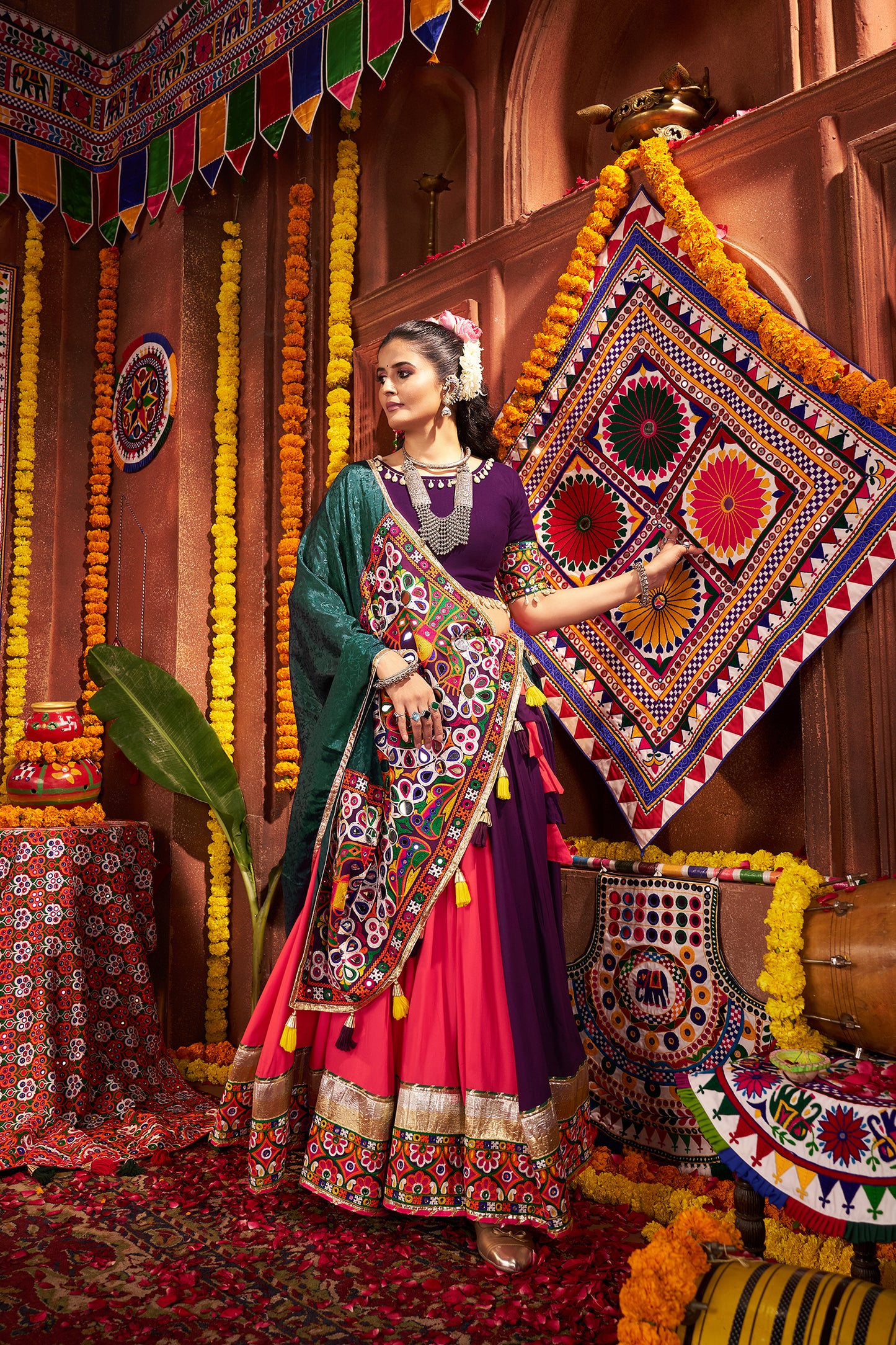 Traditional Purple Pink Mirror Work Navratri Lehenga Choli