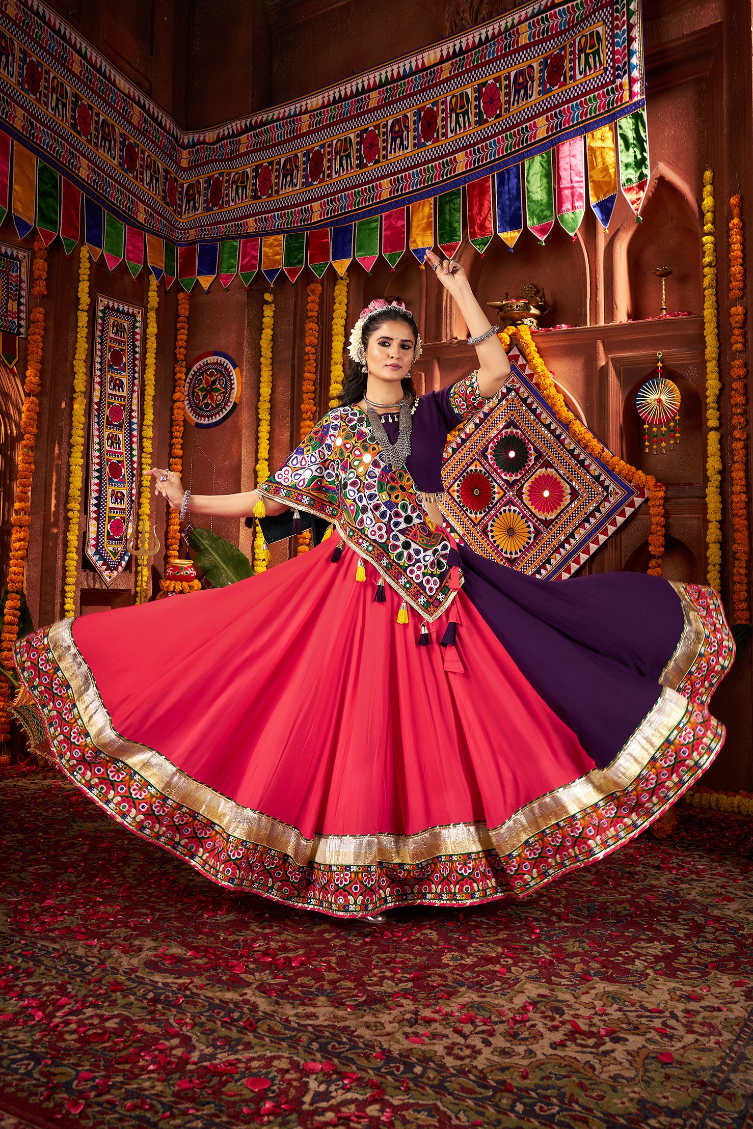 Traditional Purple Pink Mirror Work Navratri Lehenga Choli