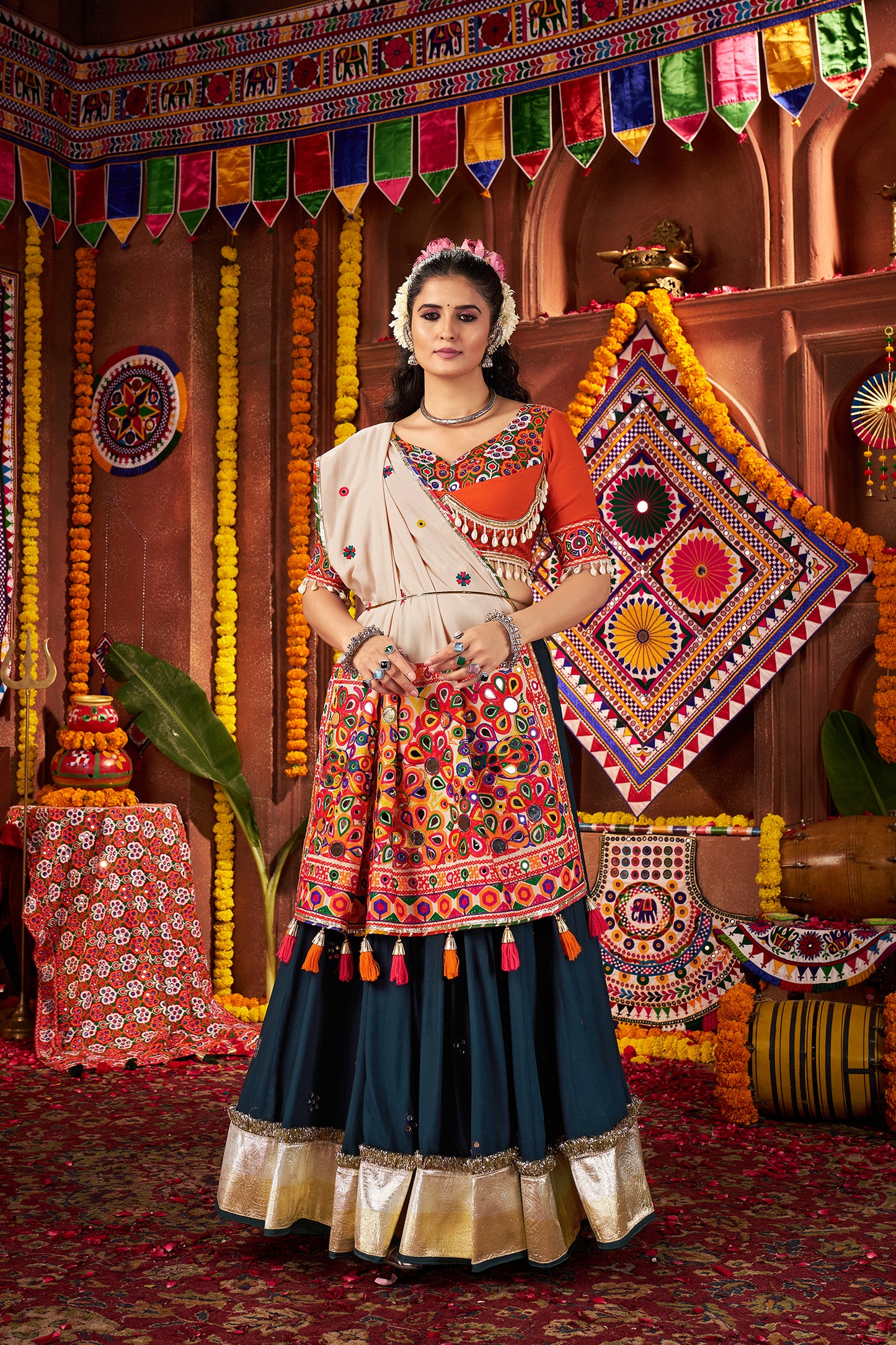 Teal Blue Mirror Work Navratri Lehenga Choli