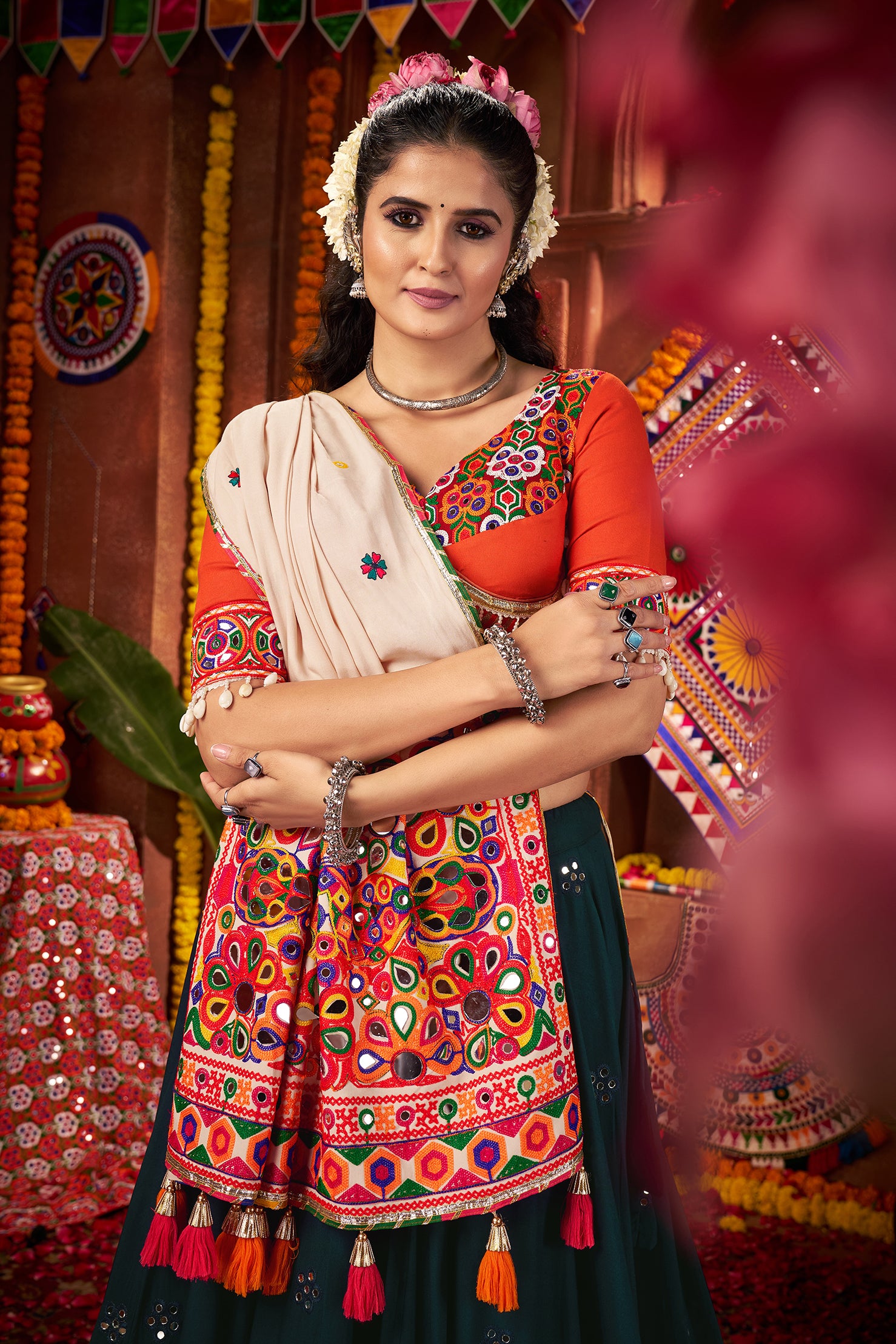 Teal Blue Mirror Work Navratri Lehenga Choli