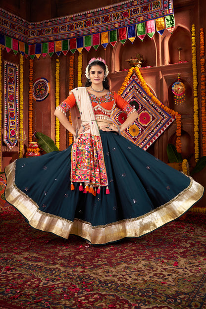Teal Blue Mirror Work Navratri Lehenga Choli