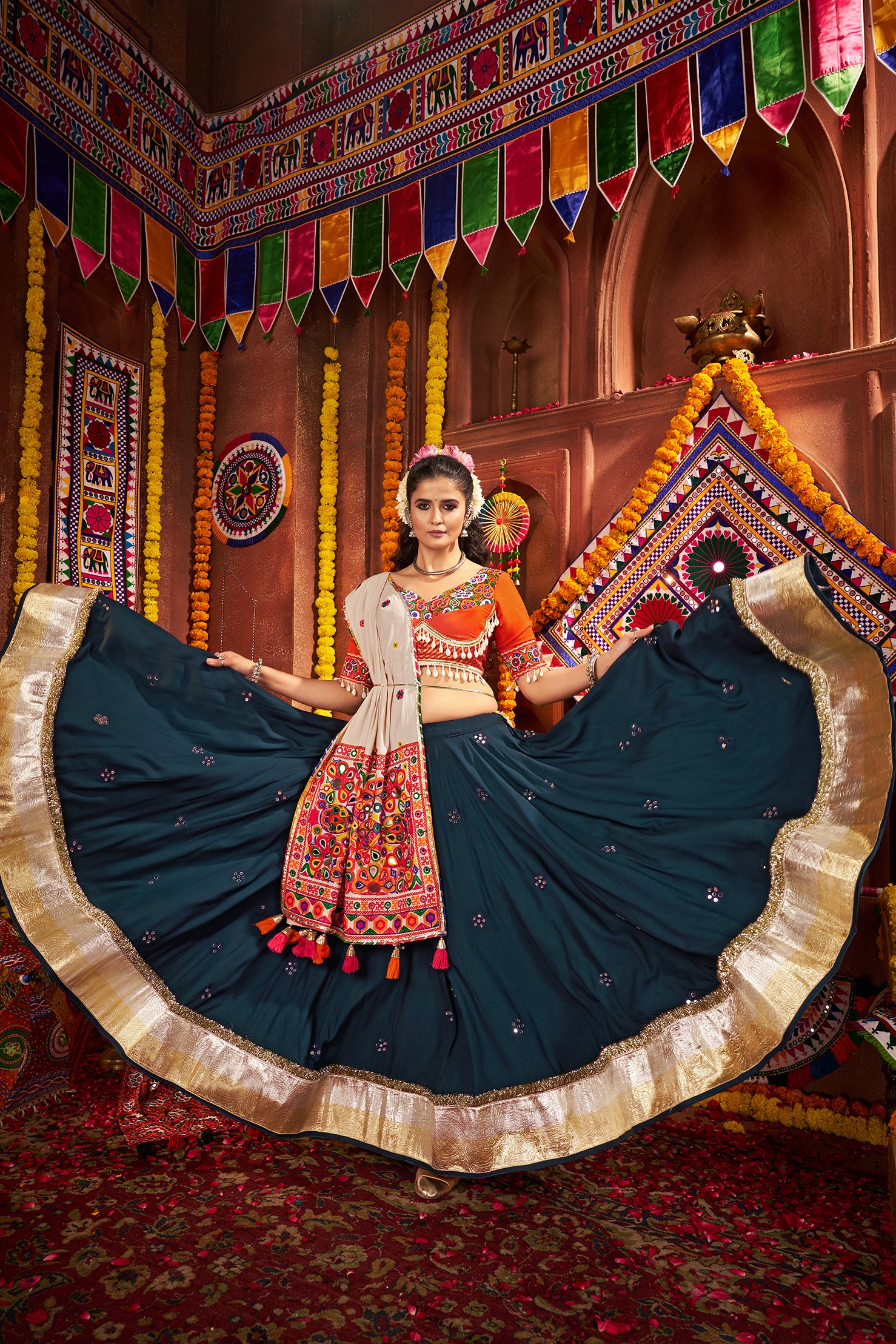Teal Blue Mirror Work Navratri Lehenga Choli
