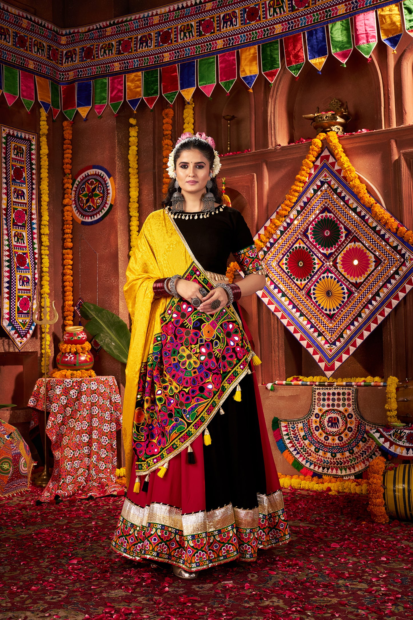 Traditional Black Pink Mirror Work Navratri Lehenga Choli
