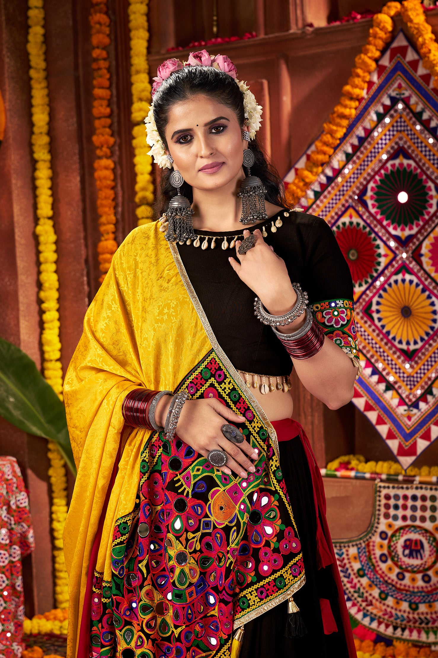 Traditional Black Pink Mirror Work Navratri Lehenga Choli