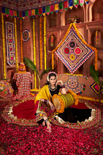 Traditional Black Pink Mirror Work Navratri Lehenga Choli