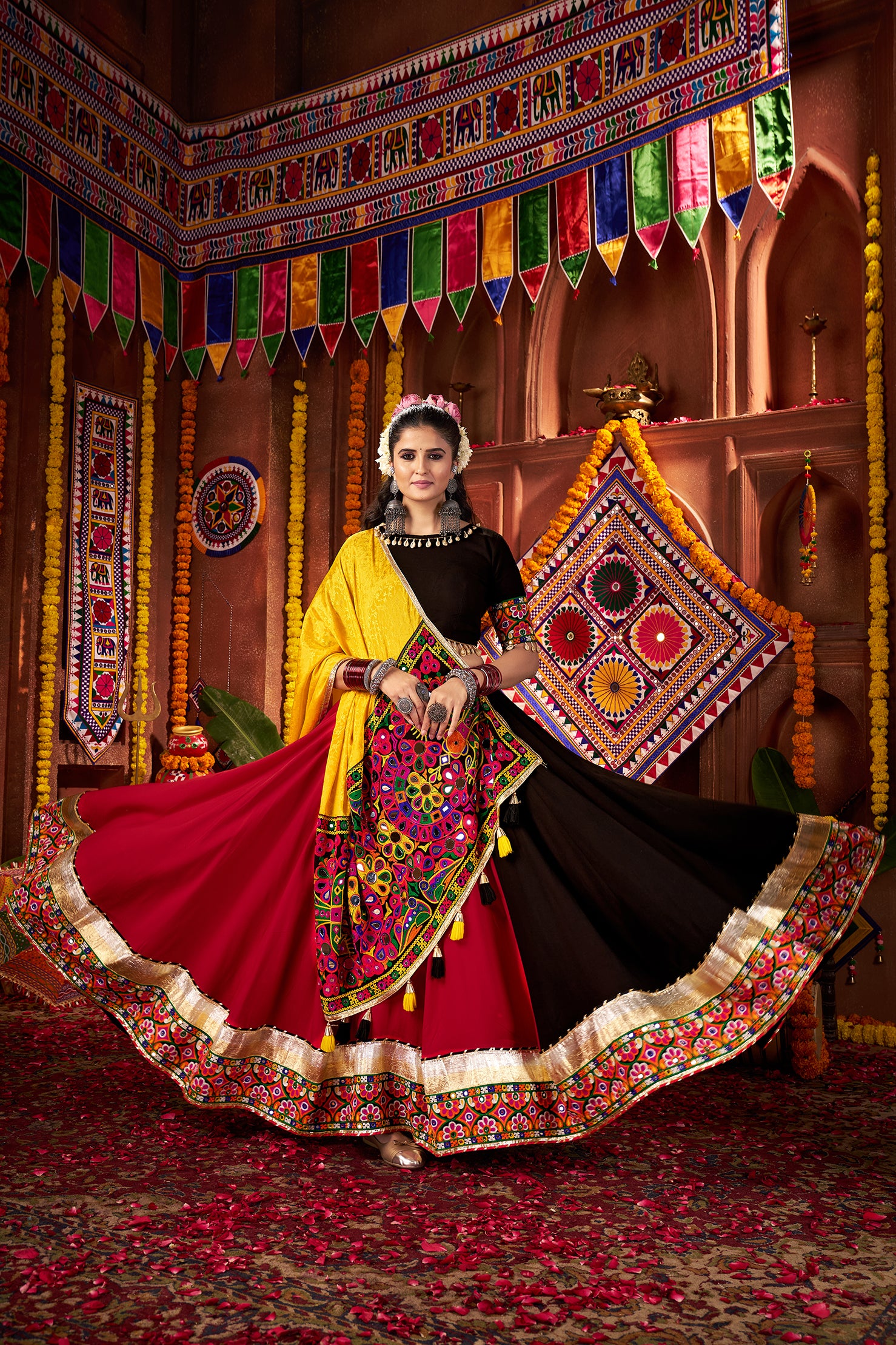 Traditional Black Pink Mirror Work Navratri Lehenga Choli