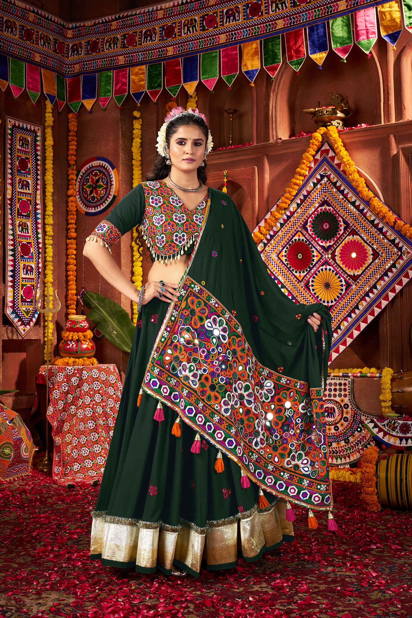 Beautiful Green Mirror Work Navratri Lehenga Choli