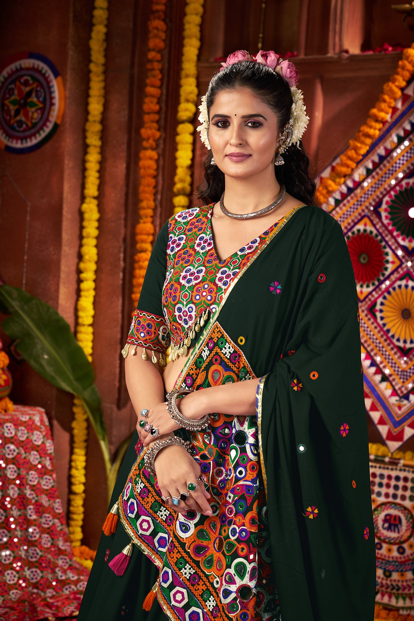 Beautiful Green Mirror Work Navratri Lehenga Choli