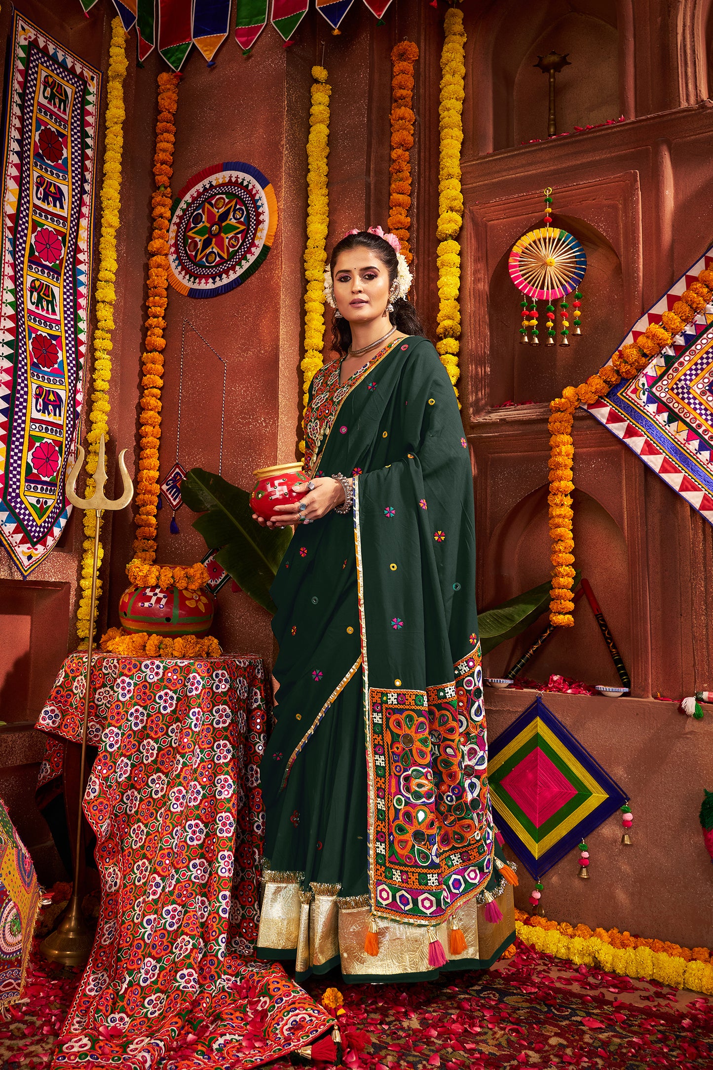 Beautiful Green Mirror Work Navratri Lehenga Choli