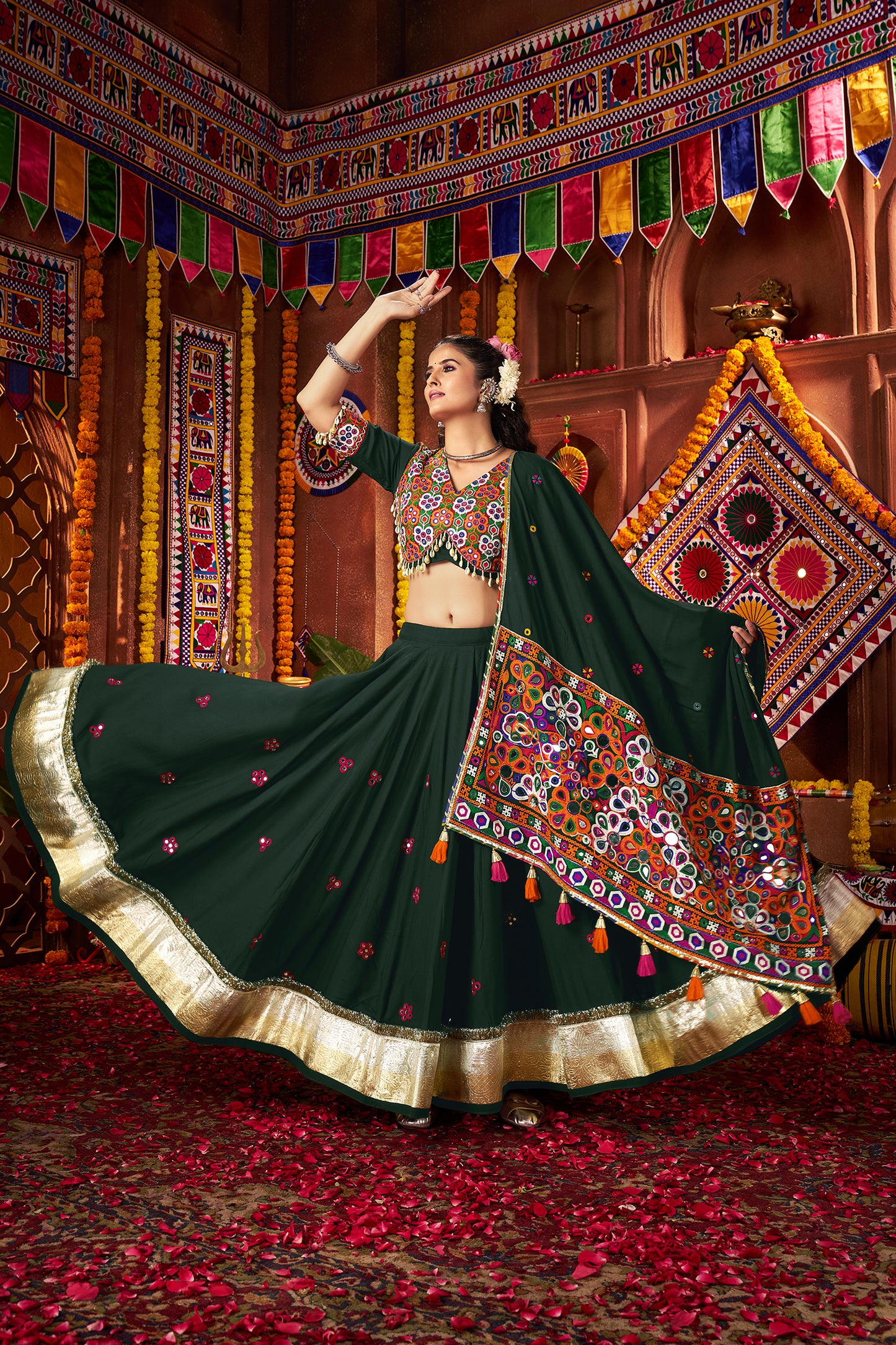 Beautiful Green Mirror Work Navratri Lehenga Choli