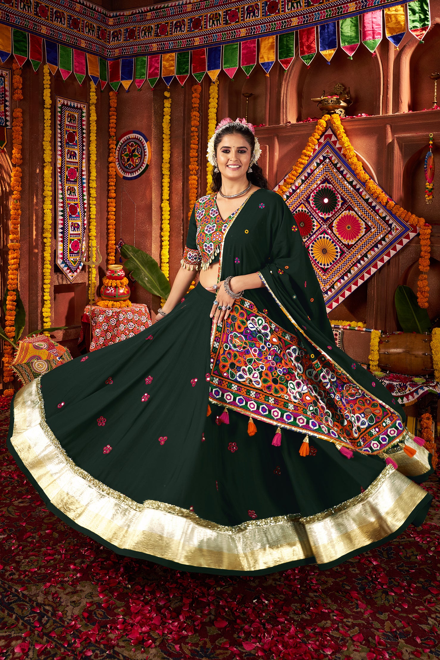 Beautiful Green Mirror Work Navratri Lehenga Choli