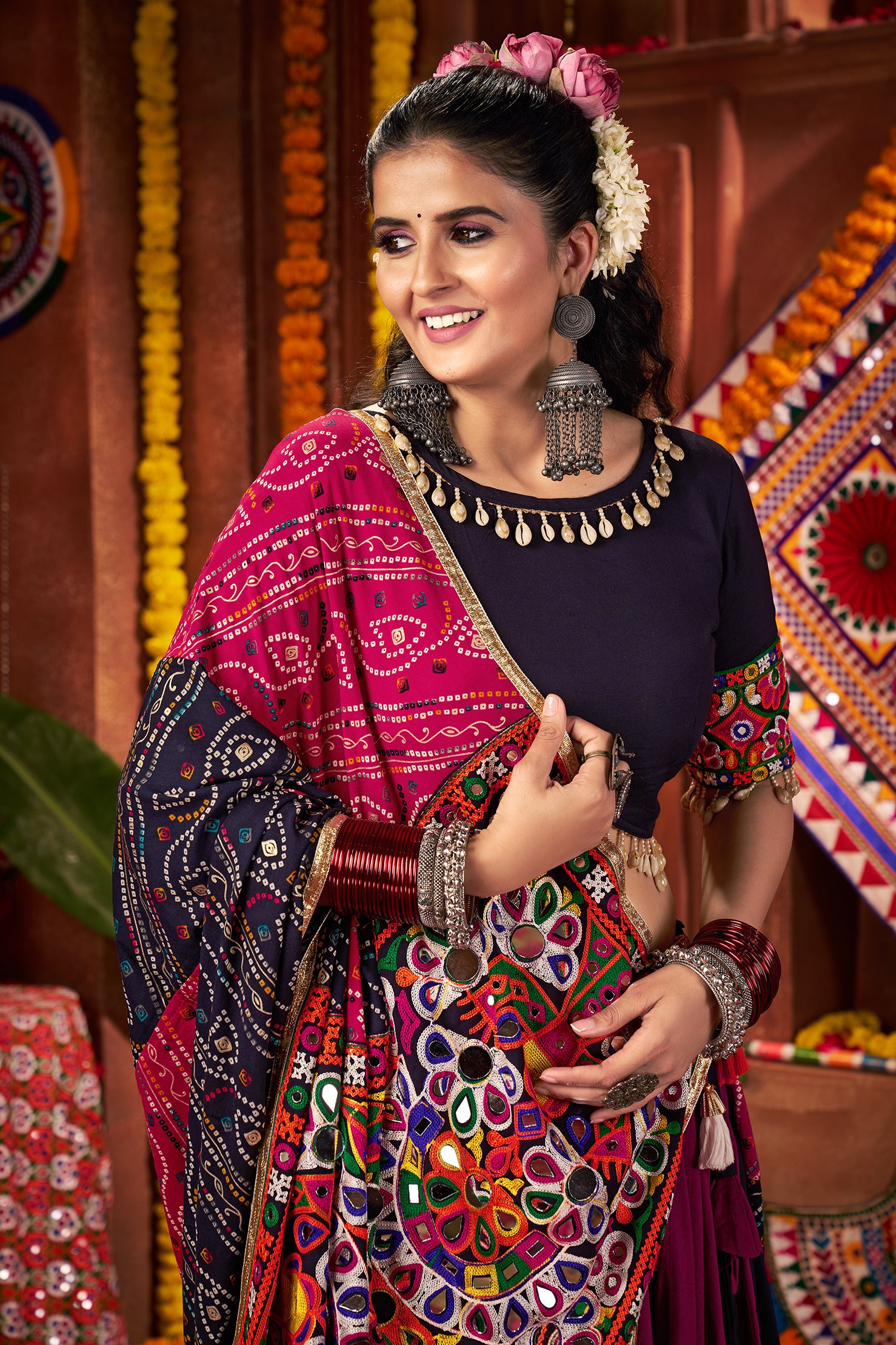 Traditional Navy Blue Mirror Work Navratri Lehenga Choli