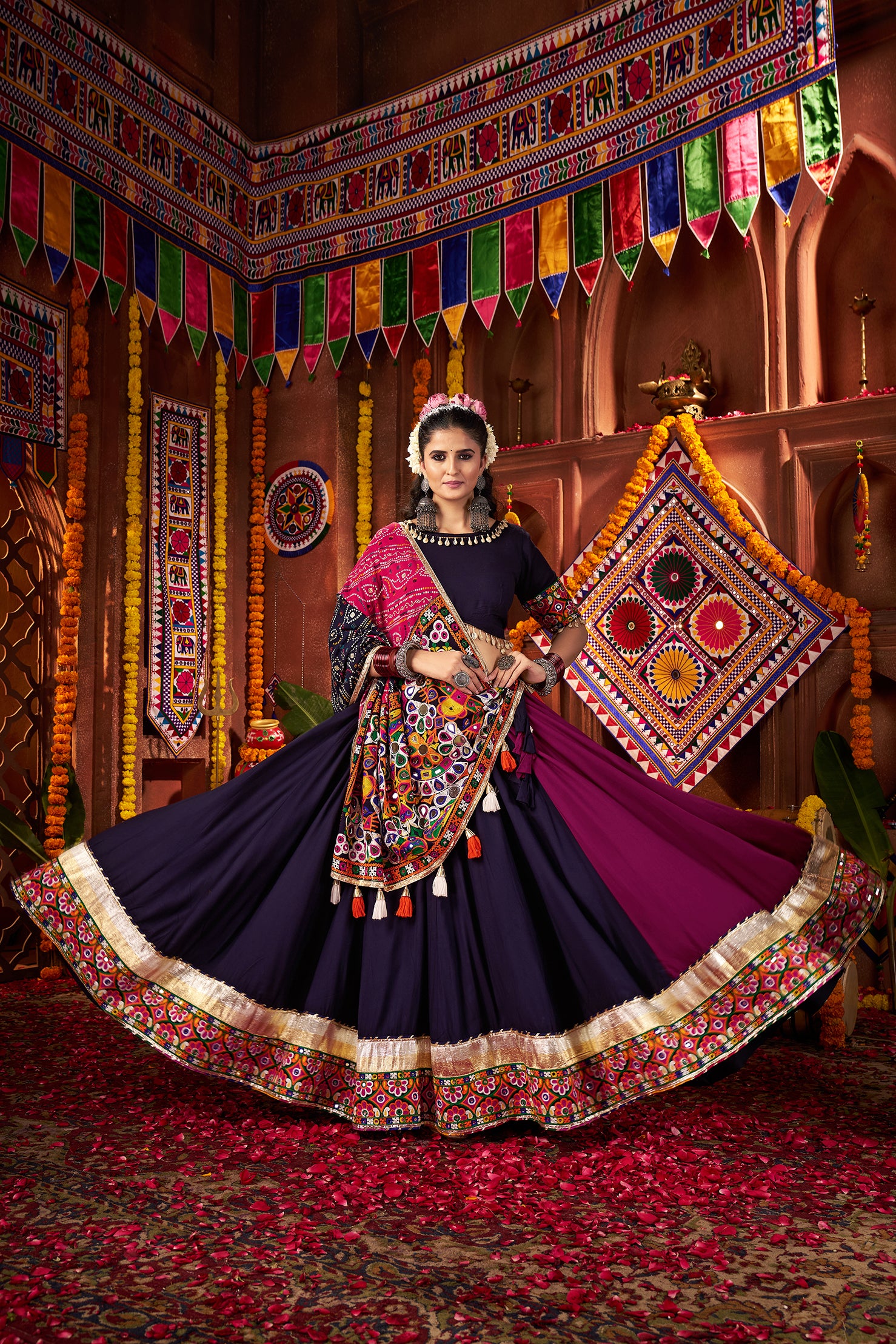Traditional Navy Blue Mirror Work Navratri Lehenga Choli