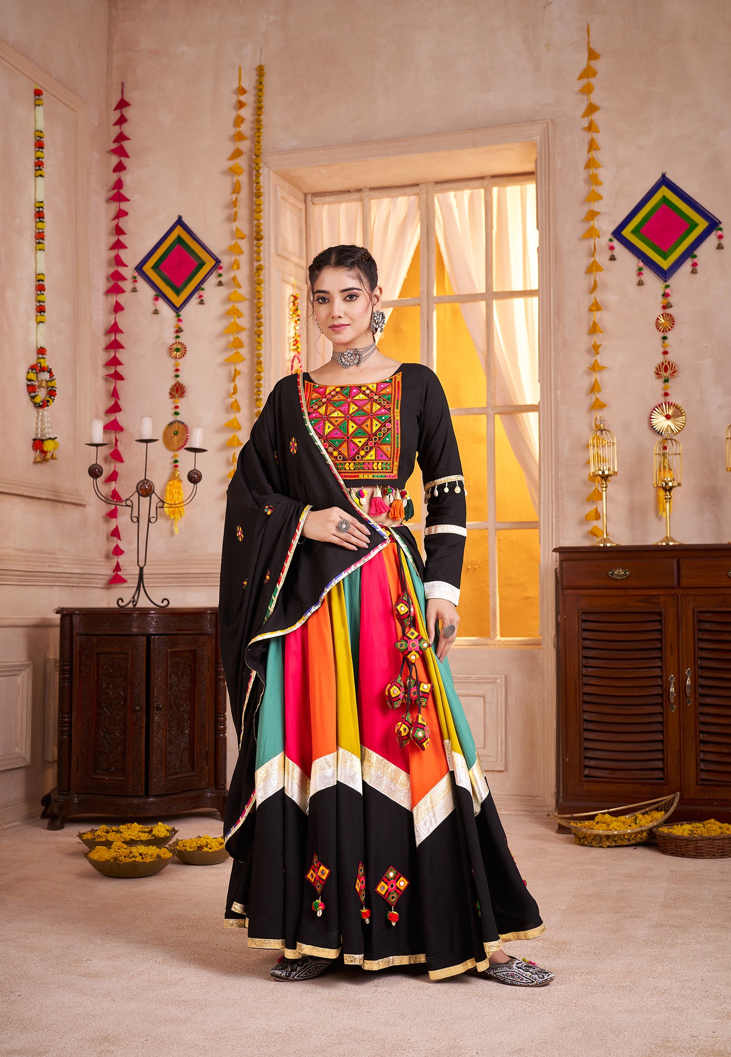 Black Viscose Cotton Multi Color Navratri Lehenga Choli
