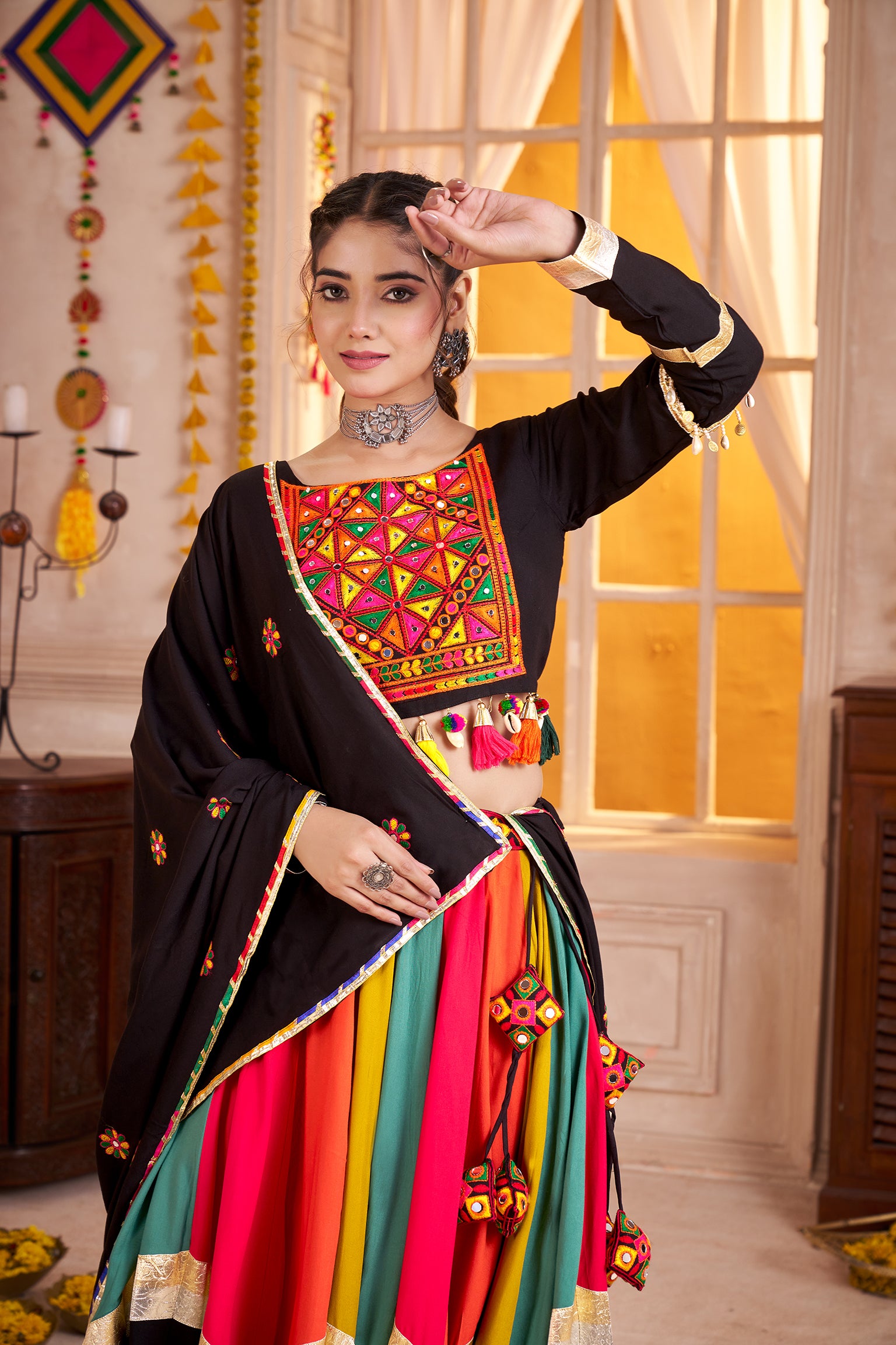 Black Viscose Cotton Multi Color Navratri Lehenga Choli