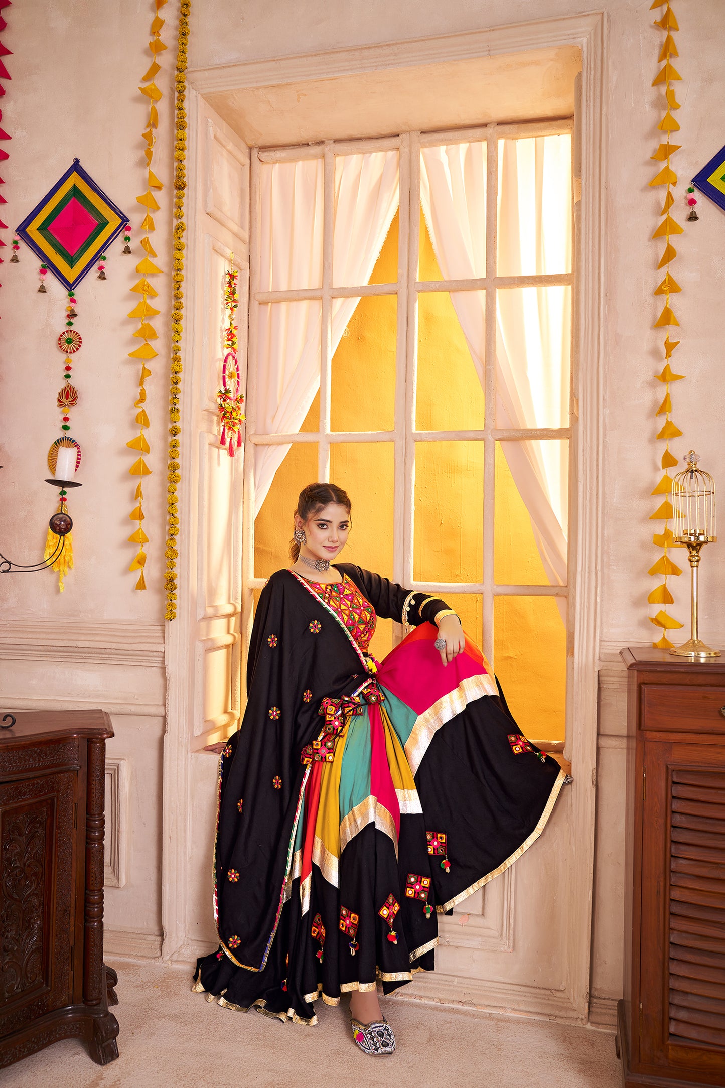 Black Viscose Cotton Multi Color Navratri Lehenga Choli